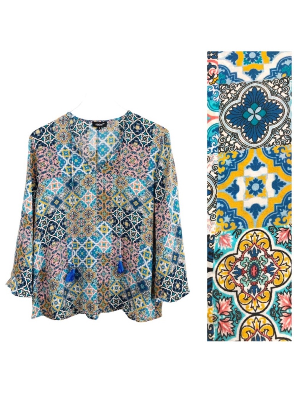 Tolani | Silk Multi-Color Long Sleeve V-Neck Blouse Small Boho